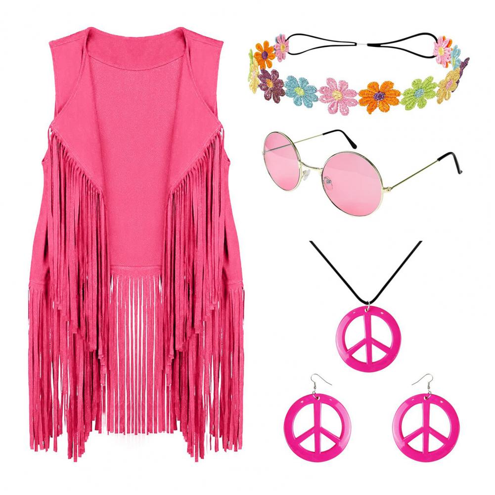 5 Pcs/Set Women Vest with Headband Sunglasses Necklace And Earrings Tassel Cardigan Waistcoat Retro 60s 70s Dance Party Disco Co