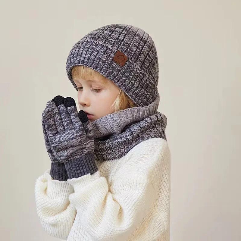 Children Winter Hat Scarf Gloves Set Knitted Kids Beanie Scarves Non Slip Telefingers Gloves Child Cap for Girls Boys