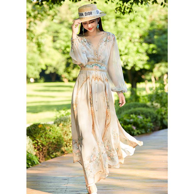 Elegant Spring 2025 Women's Slimming Bubble Sleeve Mulberry Silk Dress