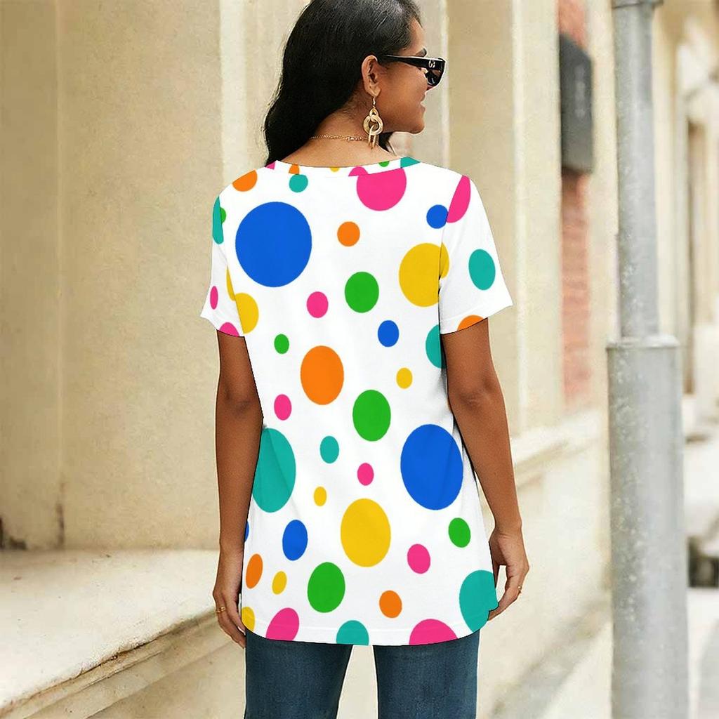 Women Plus Size Round Neck Short Sleeve Colorful Printed Flared T Shirt Curved Hem