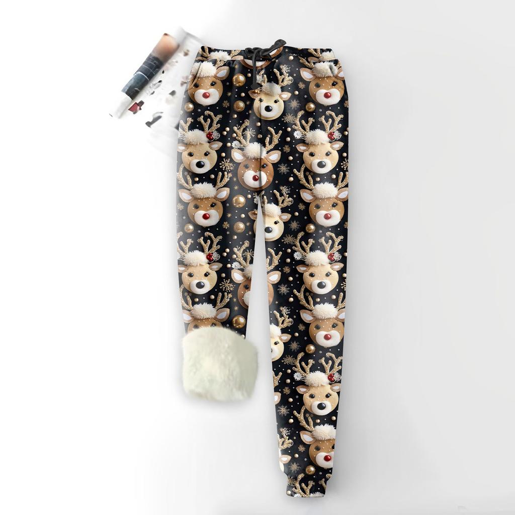 Women's Fashion Christmas Printed Sports Loose Thickened Thick Fleece Warm Pants