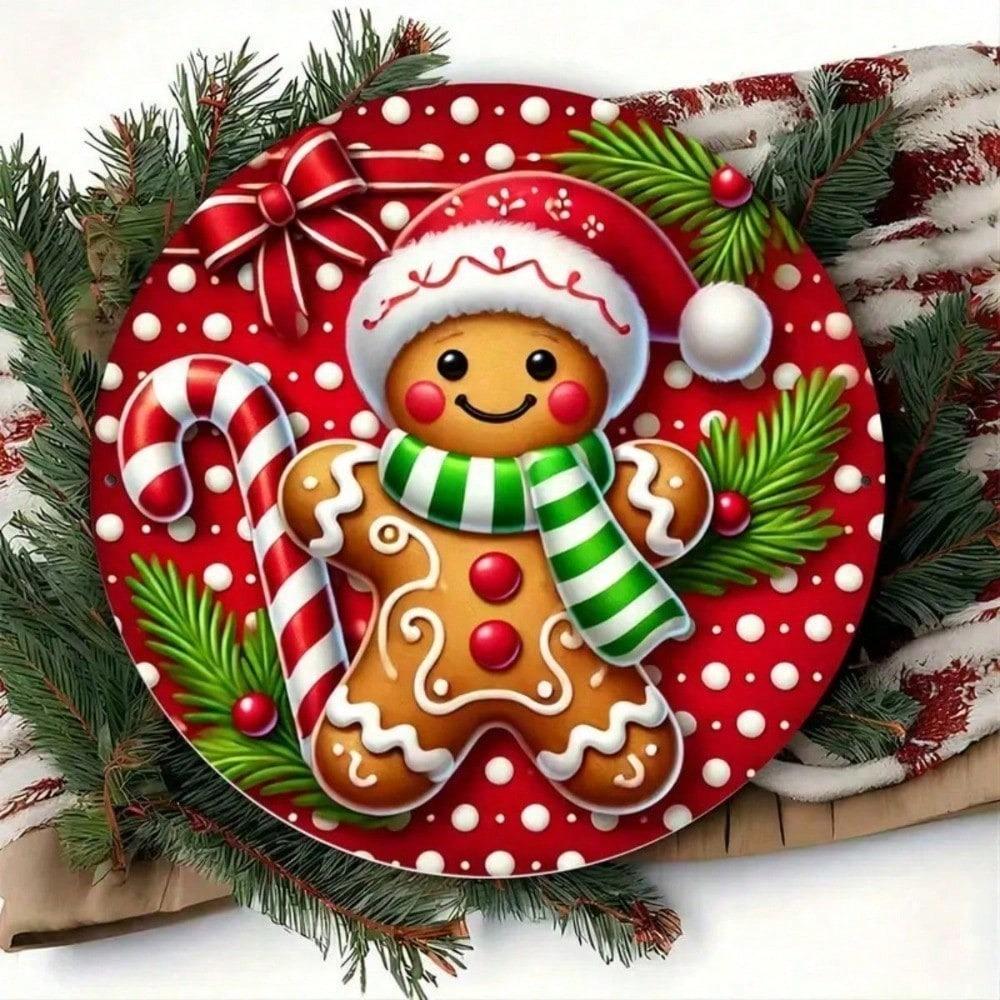 1pc Christmas Gingerbread Man Candy Cane Metal Wall Sign, 7.8x7.8 Inch Rustic Farmhouse Tin Decor Indoor Outdoor