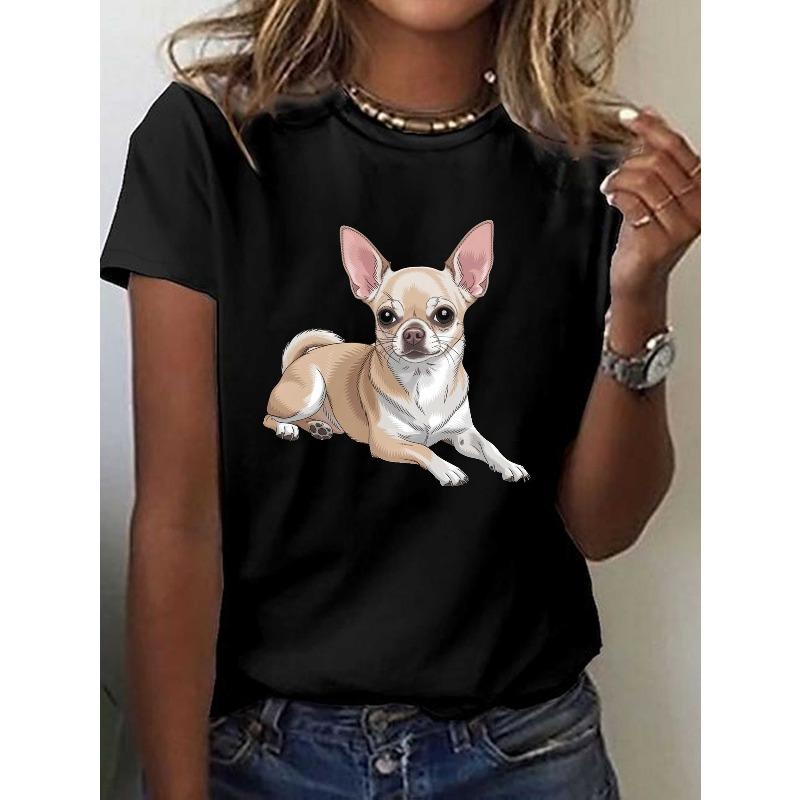 Women's Chihuahua Dog Lover Sleeve Crew Neck Casual Top with Realistic Chihuahua Illustration Print, Medium-Stretch Fit for Summer Spring Wear,