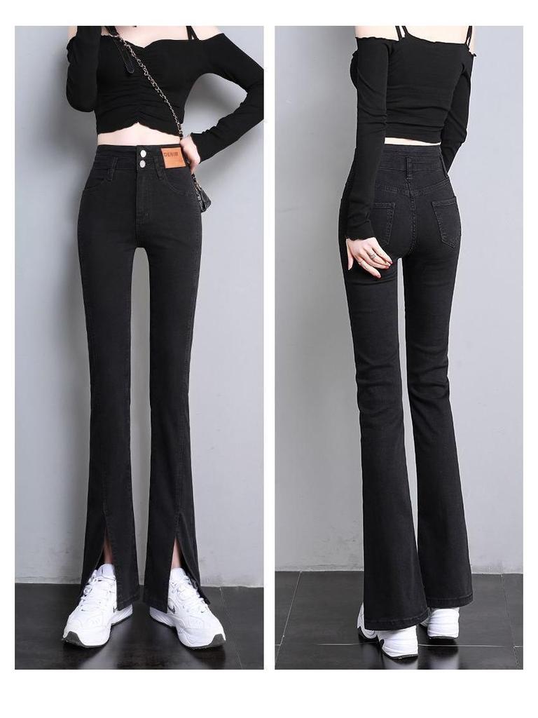 Women's High Waist Wide Leg Micro Flare Jeans - Slimming, Tall Leg-Lengthening, Split Hem, Spring/Autumn Korean Style