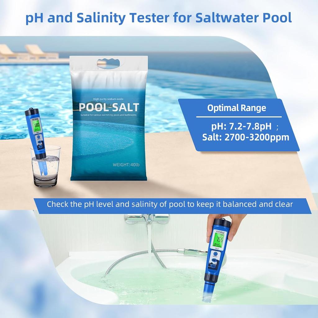 pH Salt Meter 5 in 1 pH TDS EC Salinity Tester for Pool Spa Aquarium Hydroponic Saltwater Digital pH and PPM Tester for Household Drinking Water Hot