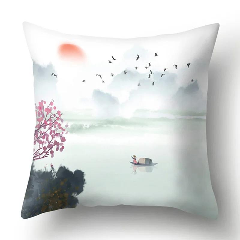 Ink Landscape Painting Pillowcase Bedroom Room Home Decoration Office Seat Living Room Sofa Cushion Cover 45x45cm