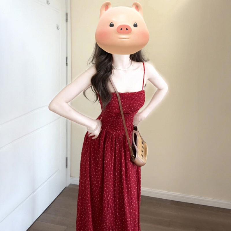 

Retro red floral suspender dress for children s summer new seaside vacation style waist dress S