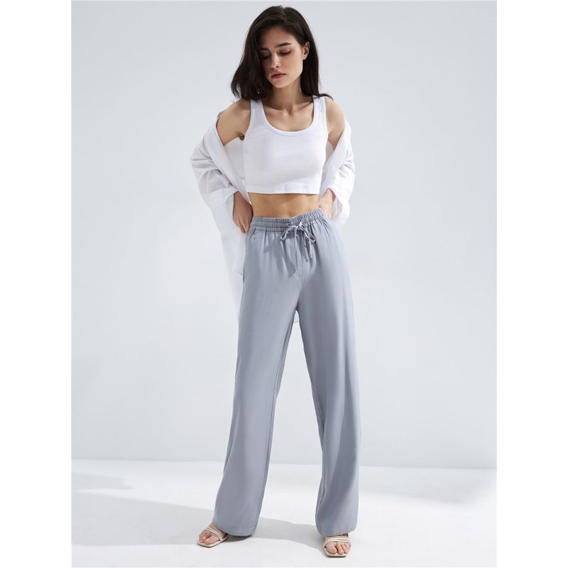 

Foreign Trade Original Order Autumn New Woven Loose Pocket Elastic Simple Commuter Women Wide Leg Slimming Casual Trousers Grey 42