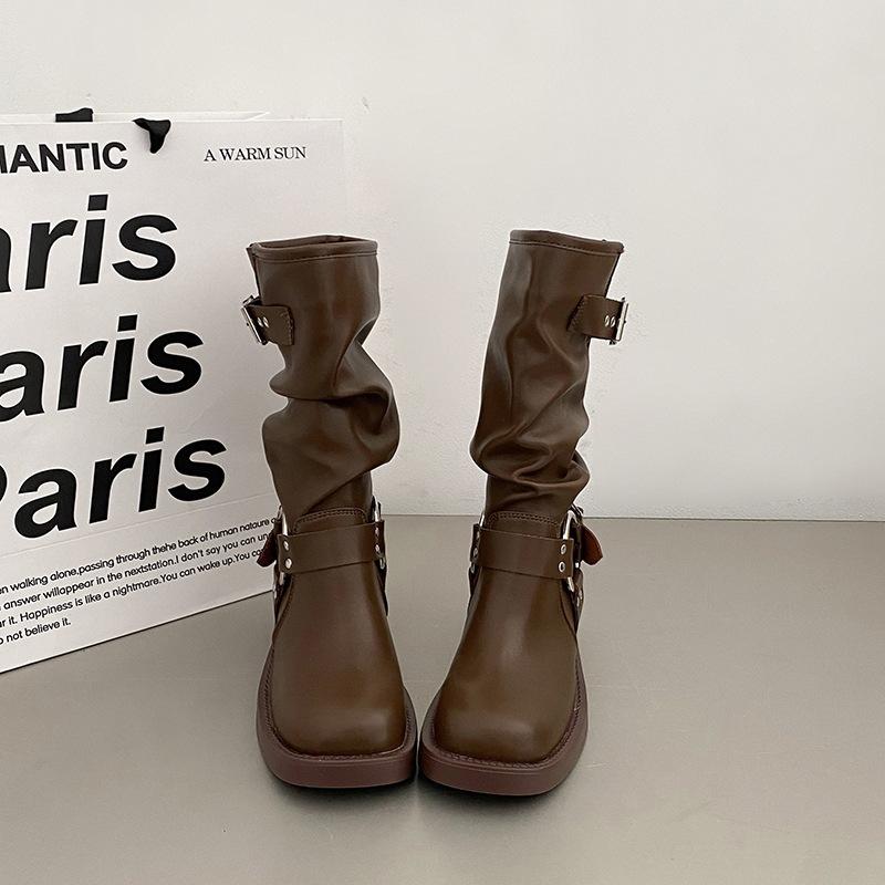 Thick Heel Women Mid Calf Boots Fashion Buckle Decoration Shoes Autumn Winter Ladies Western Cowboy Boots