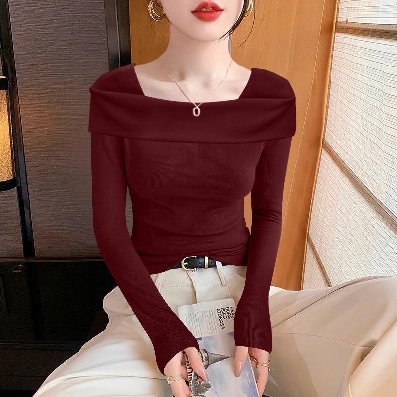 Women's Knitted Top with One Collar Spring and Autumn Design T-shirt Women's Interior Bottom Shirt