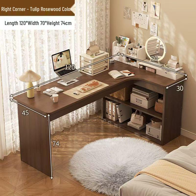 Compact Corner Computer Desk with Integrated Bookshelf & Vanity for Bedroom or Home Office