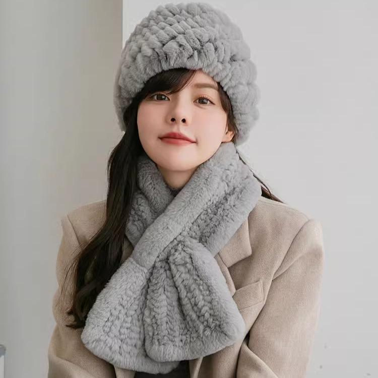 Rex Rabbit Hair Scarf Hat Two-piece Set Winter Women Middle-aged and Elderly Rex Rabbit Hair Braided Elastic Warm Thickened Hat