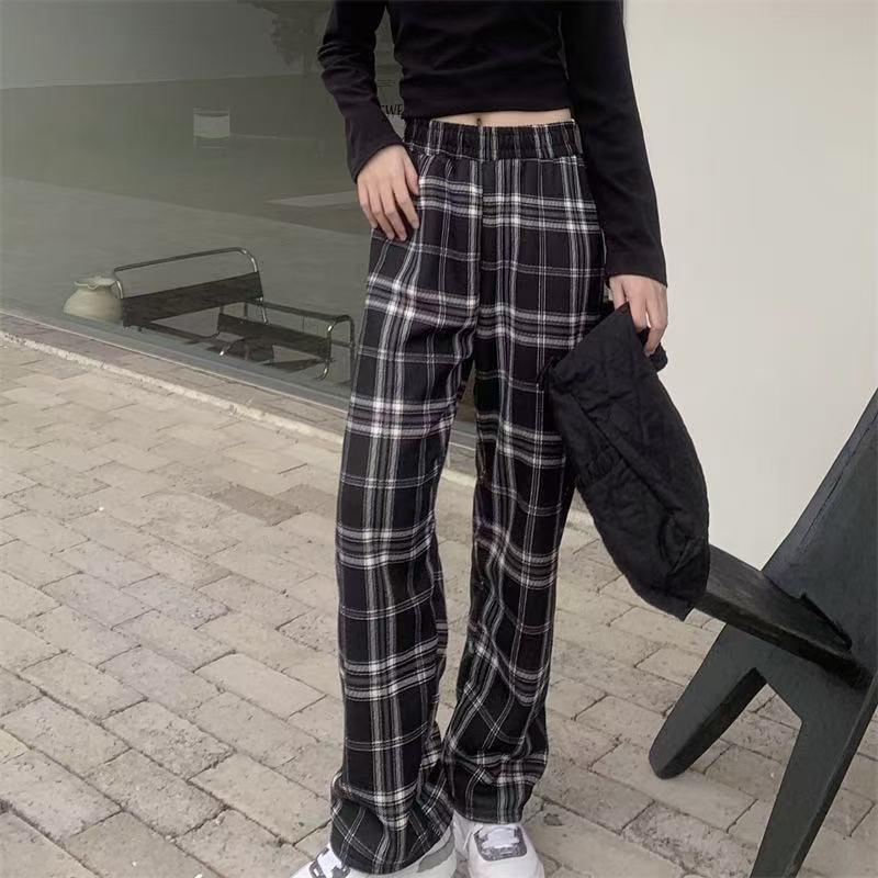 Women's High-Waisted Plaid Wide-Leg Pants - Autumn/Winter Casual Velvet Trousers