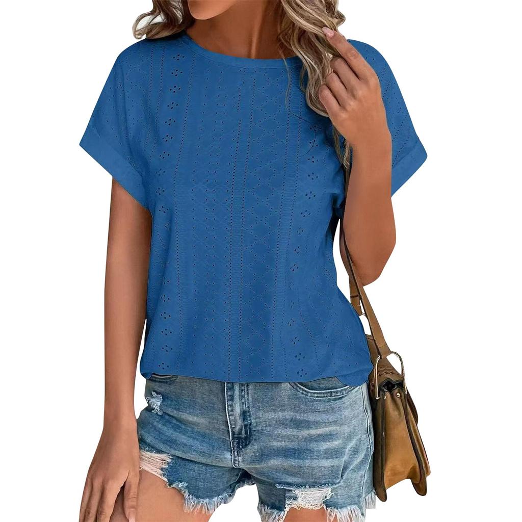 Women's Fashion Solid Color Round Neck Loose Short Sleeved Pullover T-shirt Top