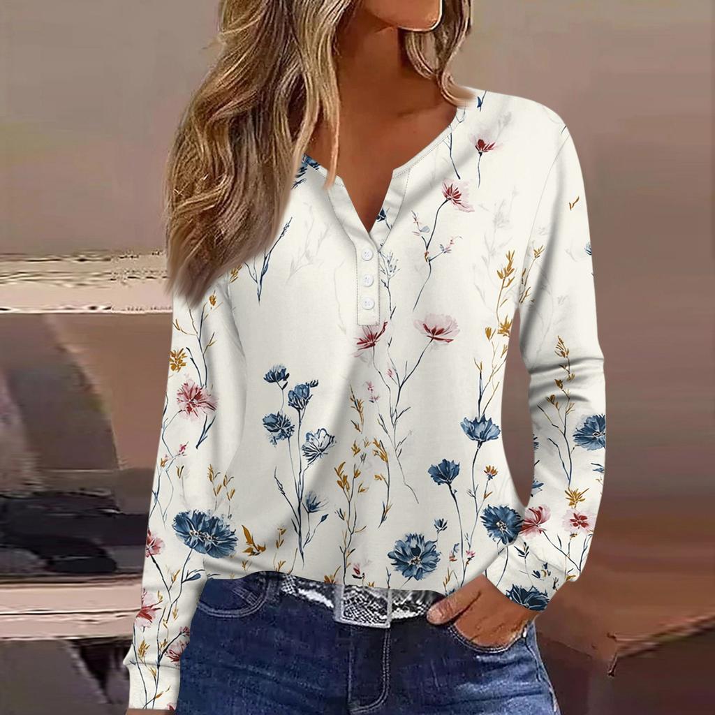 Dámské tričko Tričko Knoflíček Dlouhý rukáv Denní víkendová móda Basic Top s výstřihem do V