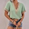 Summer new, women's V-neck lace casual solid color shirt