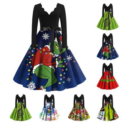 Damen Weihnachten Bedrucktes Patchwork Kontrast V-Ausschnitt Slim Fit Langarm Swing Kleid