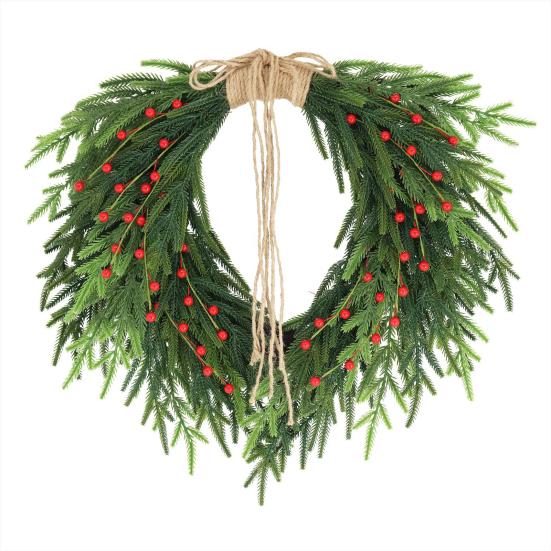 Real Touch Christmas Wreath Red Berries Jute Bow Soft Pine Garland Indoor Outdoor Holiday Party Decor