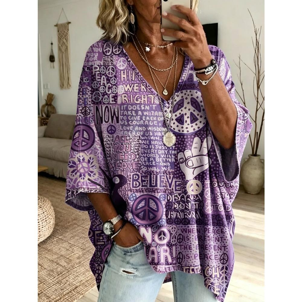 Plus Size Women's Simple Bohemian Pattern Print V-neck Top Three-quarter Sleeves Loose Plus Size Casual Daily T-shirt