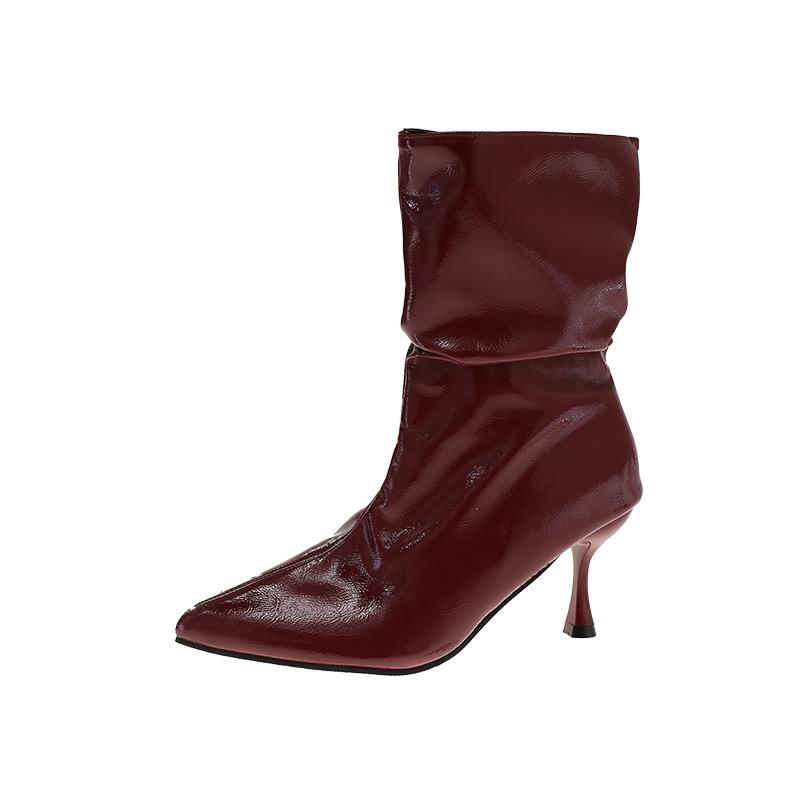 

Ботильоны на высоком каблуке с острым носком, осенние новые плиссированные ботфорты, из яркой кожи, больших размеров, модные женские ботинки 35 бордовый