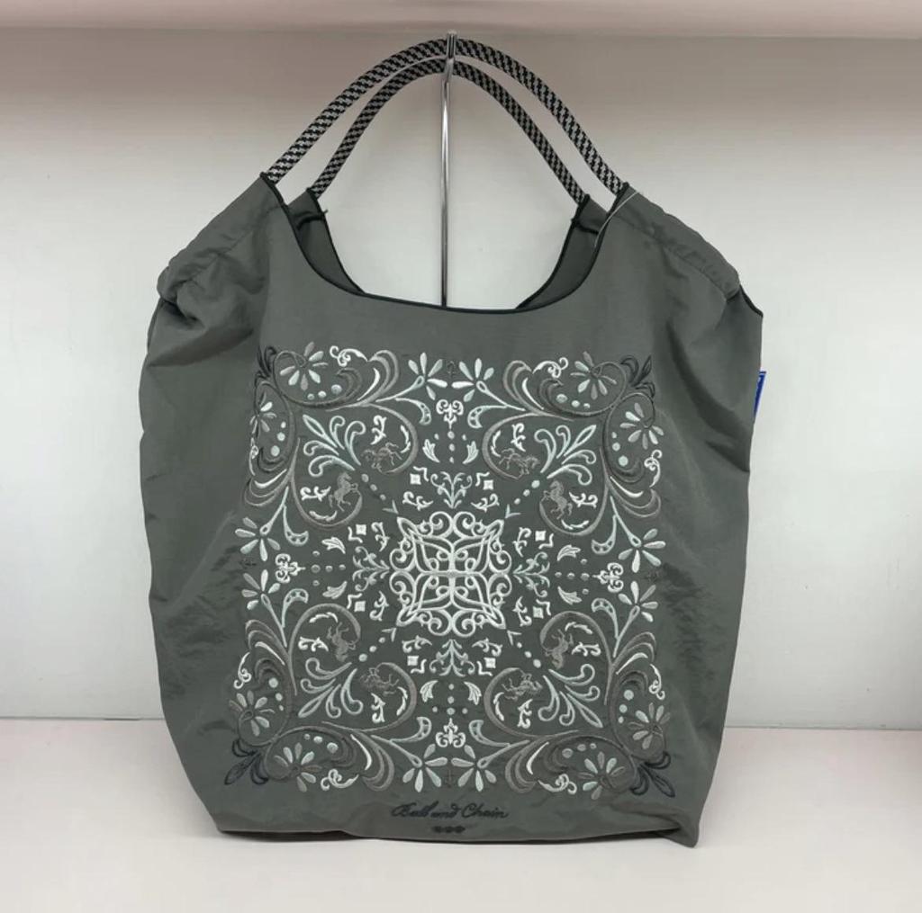 Eco-Friendly Japanese Nylon Handbag with Embroidered Floral Vine Design