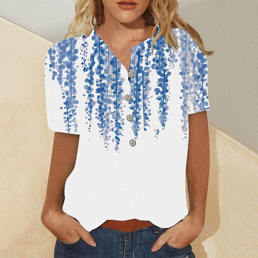 Damen Sommer Casual Fashion Baumwolle Leinen bedruckt Damen Kurzarm Shirt Tops