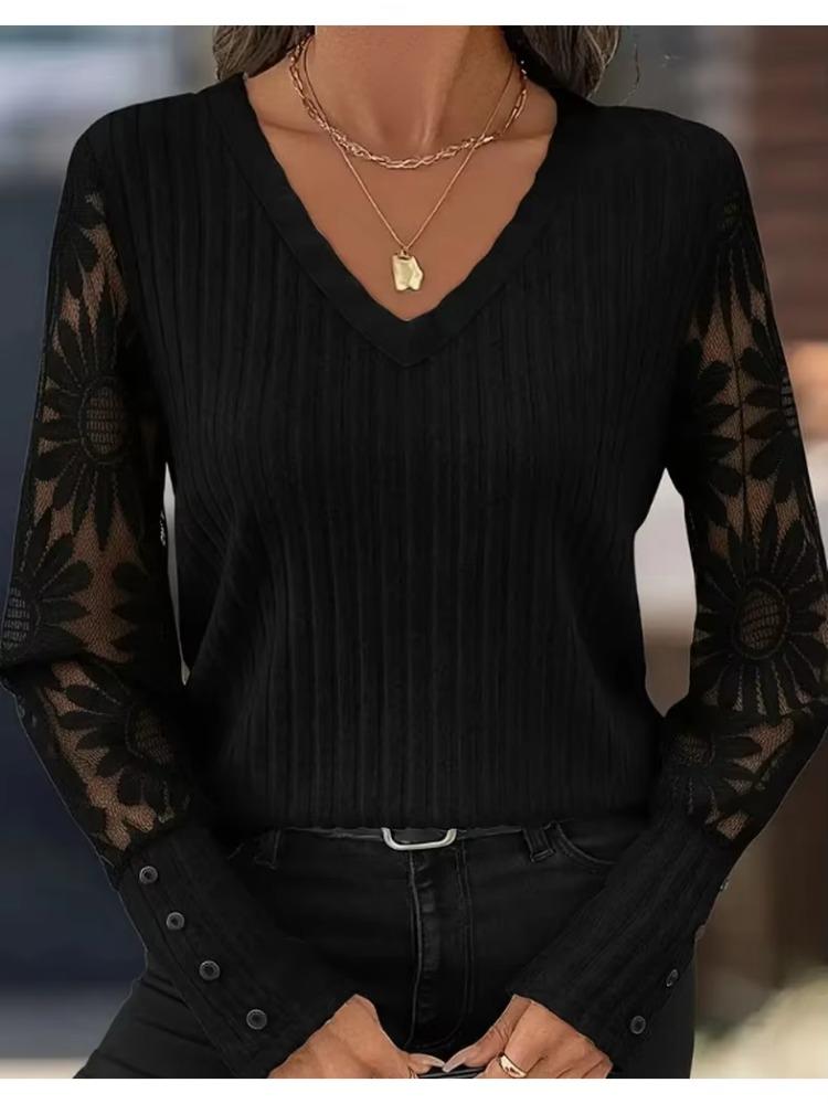 Lace Spliced Long Sleeve Elegant Blouse 2026 Autumn Women's V-Neck Ribbed Knitted Lace Top Slim Base Layer Solid Color Blouse Loose Sweet Clothes