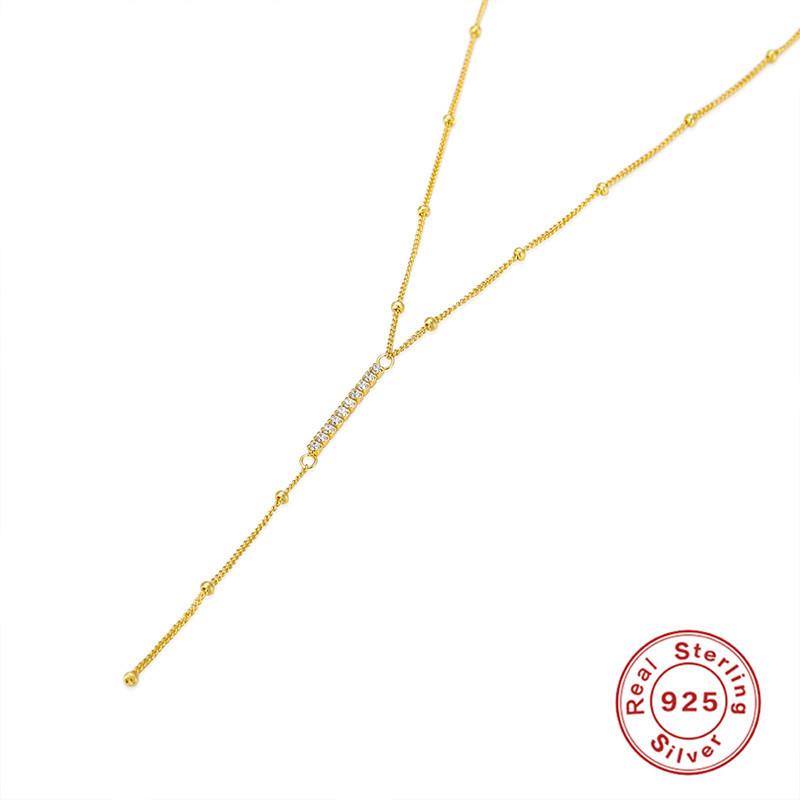 Y-Shaped Small Gold Bead Necklace S925 Sterling Silver Summer Simple Mini Collarbone Necklace Round Bead Spacer Chain