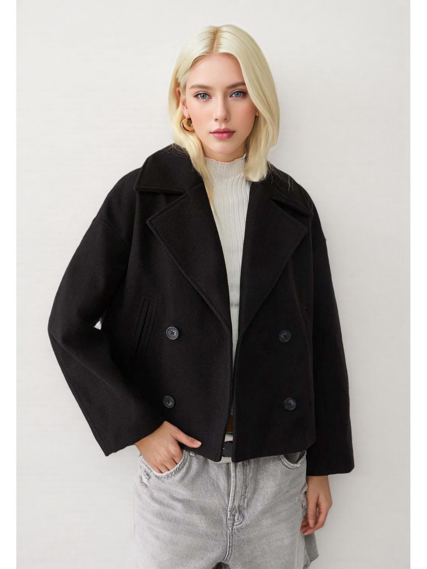 

European & American Women s Woolen Lapel Jacket - Autumn/Winter Long Sleeve XS чорний