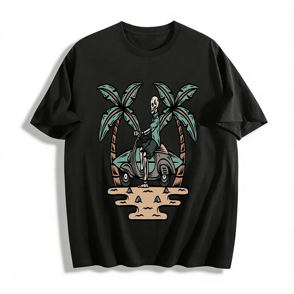 Skeleton Rider Coconut Island Vacation Style Printed T-Shirt Pure cotton T-shirt XXS