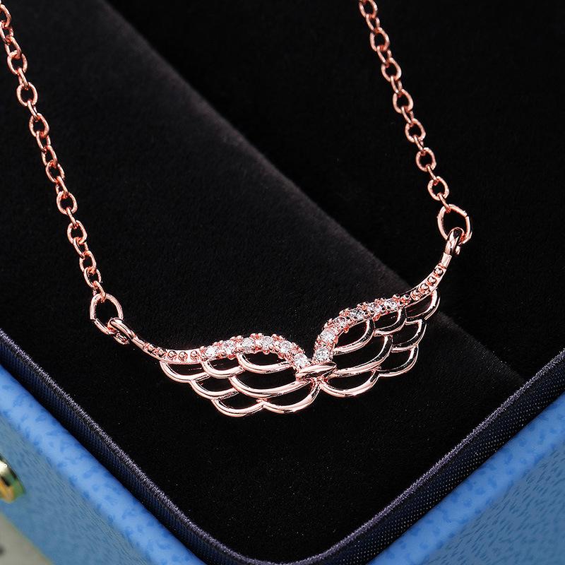 Hollow Layered Angel Wing Micro Paved Cubic Zirconia Bar Pendant Necklace