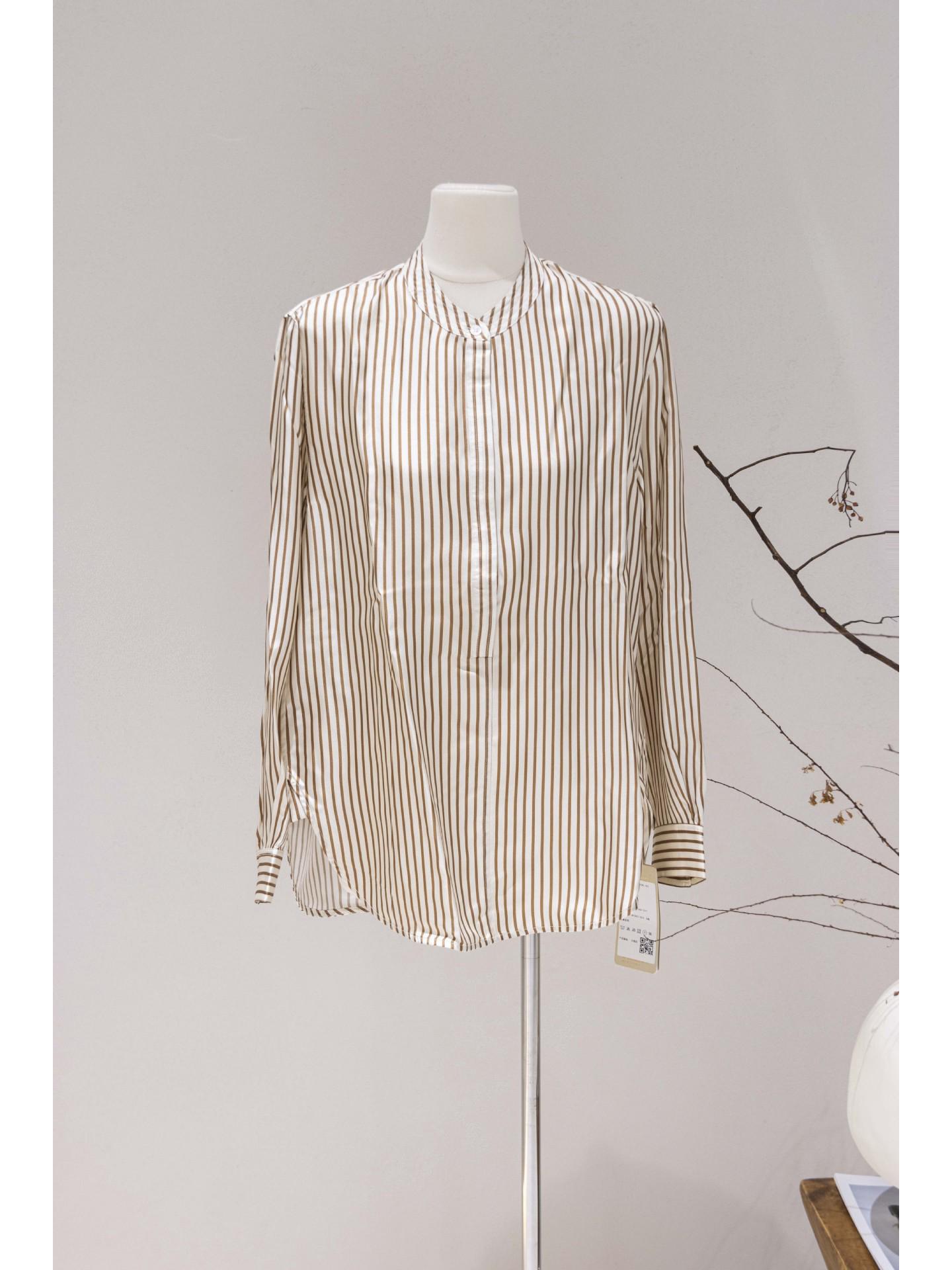 

Women s Spring/Summer 2025 Stand Collar Mulberry Silk Shirt with Twill Print and Loose Long Sleeves M