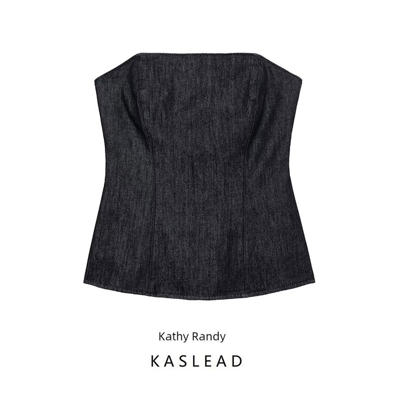 Kaslead New Arrival Women's Clothing Fashion Style Denim off-the-Shoulder Straight Collar Chest Wrap Tops 6929263