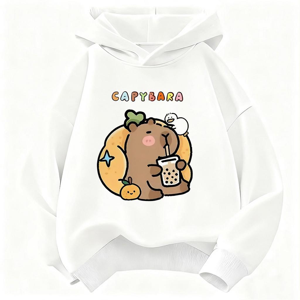 Felpa con cappuccio per bambini Capibara che beve succo Felpa carina Harajuku per ragazzi e ragazze Felpe casual primaverili