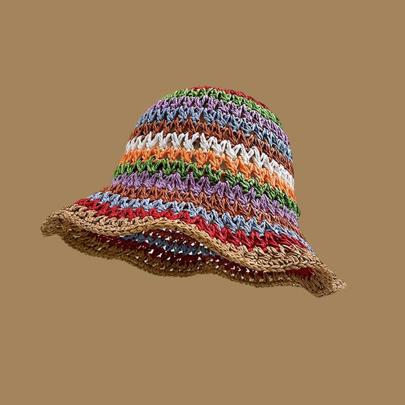 Sommer Regenbogen Gestreifter Eimerhut Damen Häkeln Strand Fischerhut Faltbar Handgefertigt Geflochten Sonnenhut Damen Panama Verkauf
