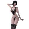 Butterfly Cutout Sexy Embroidered Sheer Bodysuit with Open Crotch and Tie-Up