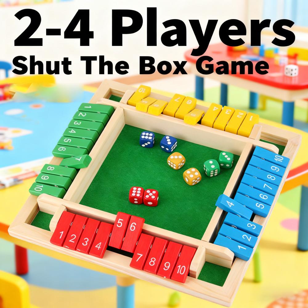 Portable Wooden Shut The Box Dice Board Game 4-Sided Flip Card Classic Wooden Game Educational Puzzle for Families and Parties