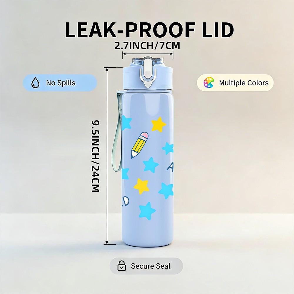 1PC ABC Star Pencil Seamless Pattern 750ml Color Plastic Sports Water Bottle Leakproof Flip Straw Lid Suitable for Sports Office Home Use