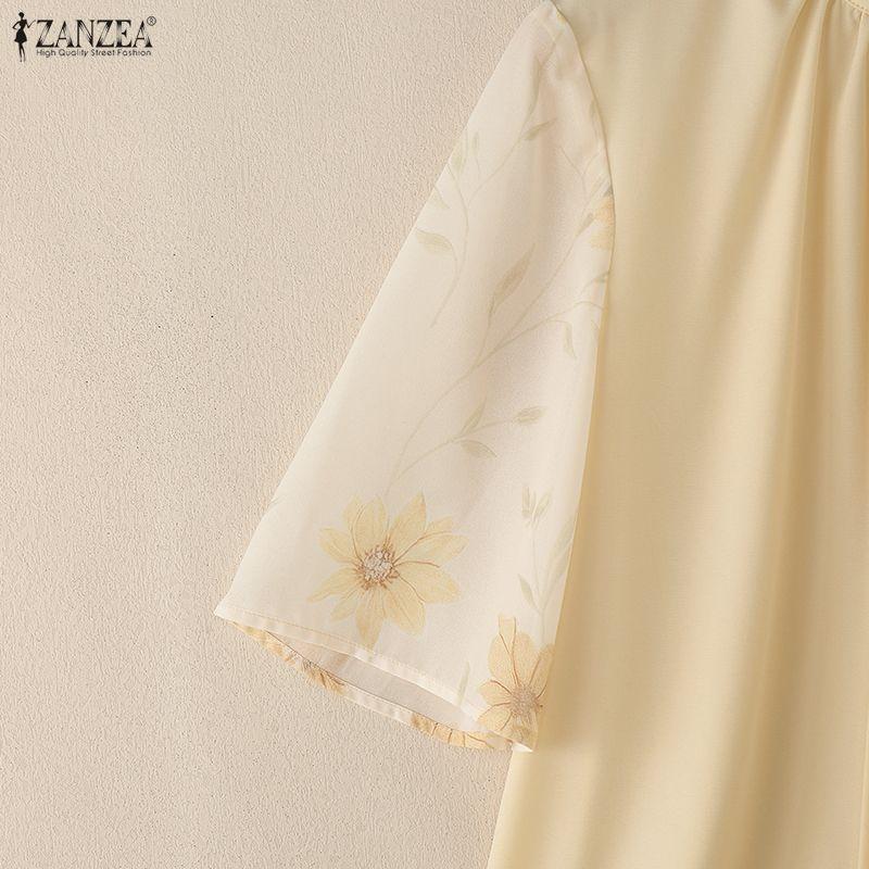 ZANZEA Women Casual Round Neck Splice Half Sleeve Summer Blouse