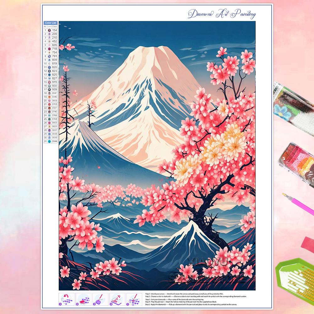DIY Diamond Painting Cherry Blossom Fuji Mountain Landscape Mosaic Embroidery Cross Stitch Kit Living Room Home Art Wall Decor