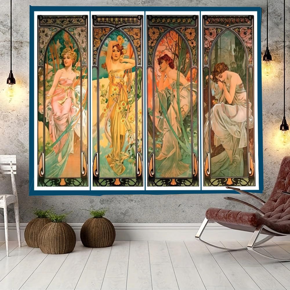 FENDROM Vintage Collection Tapestry Wall Hanging Art Home Decor, The Times of the Day Series by Alphonse Mucha Art Print Painting for Living Room