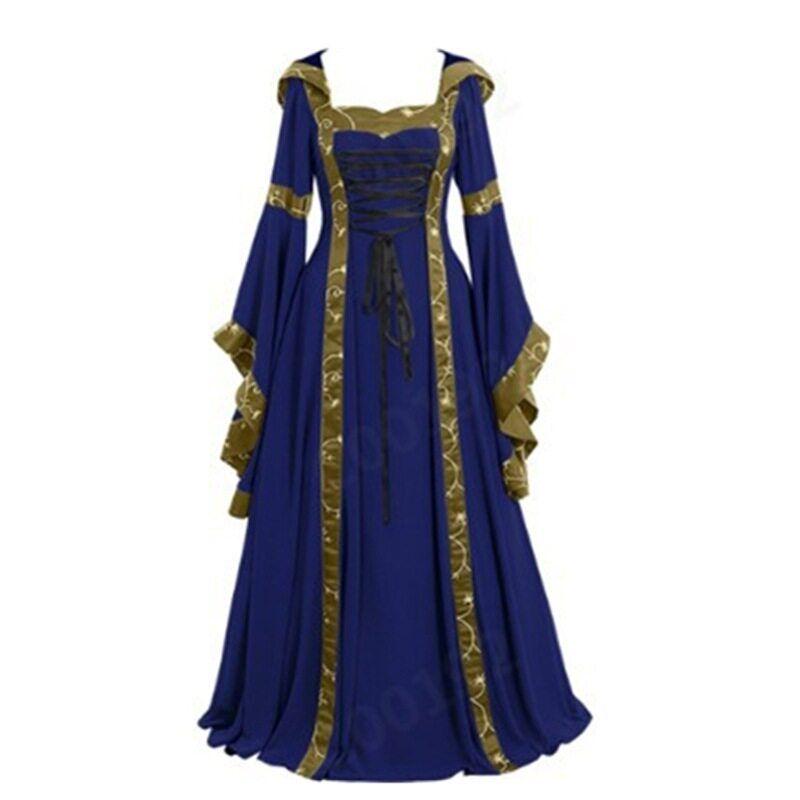 2023wish Foreign Trade European and American Medieval Retro Hood Dress Square Collar Lace-up Bell Sleeve Swing Skirt Dark Blue 2XL