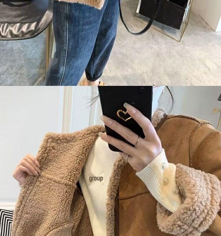 Damski zimowy krótki płaszcz w koreańskim stylu 2025, luźny, z futrem, podszewką z pluszu i grubą wełną jagnięcą.