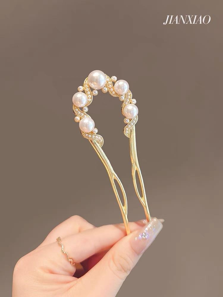Premium Mesh & Leaf U-Shaped Hairpin: Elegant Ancient & Modern Chinese Style for Women.