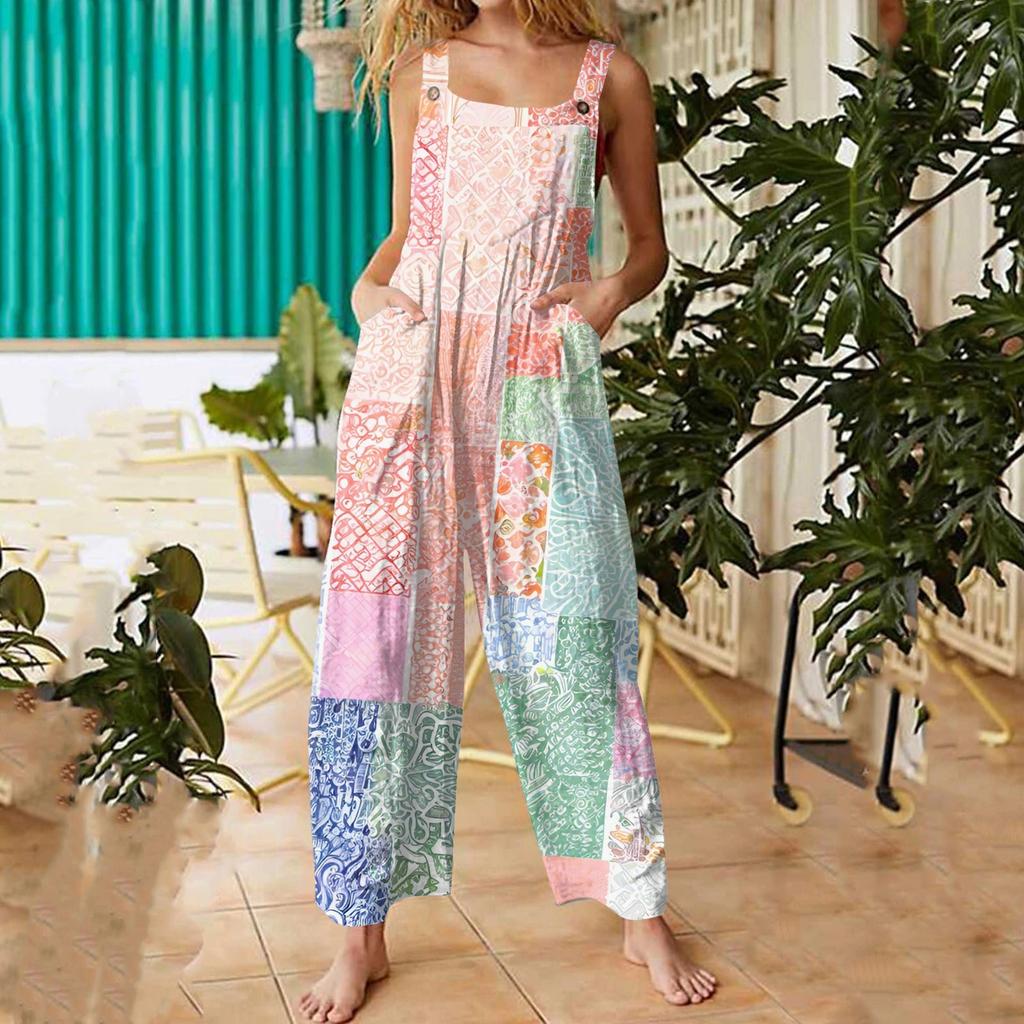 Women's Fashion Casual Loose Back Straps Wide Leg Vintage Printed Jumpsuit