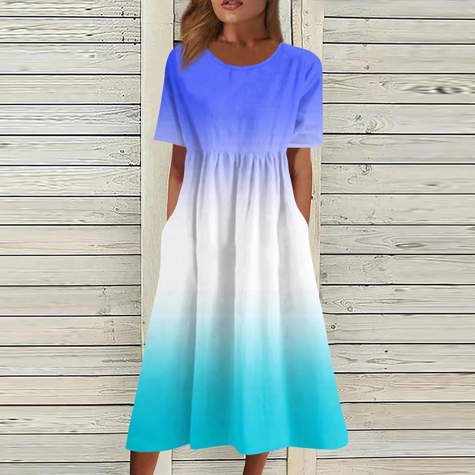 

Женское струящееся платье миди в стиле бохо с цветочным принтом, повседневное свободное летнее платье с коротким рукавом для пляжного отдыха и карманами M синий