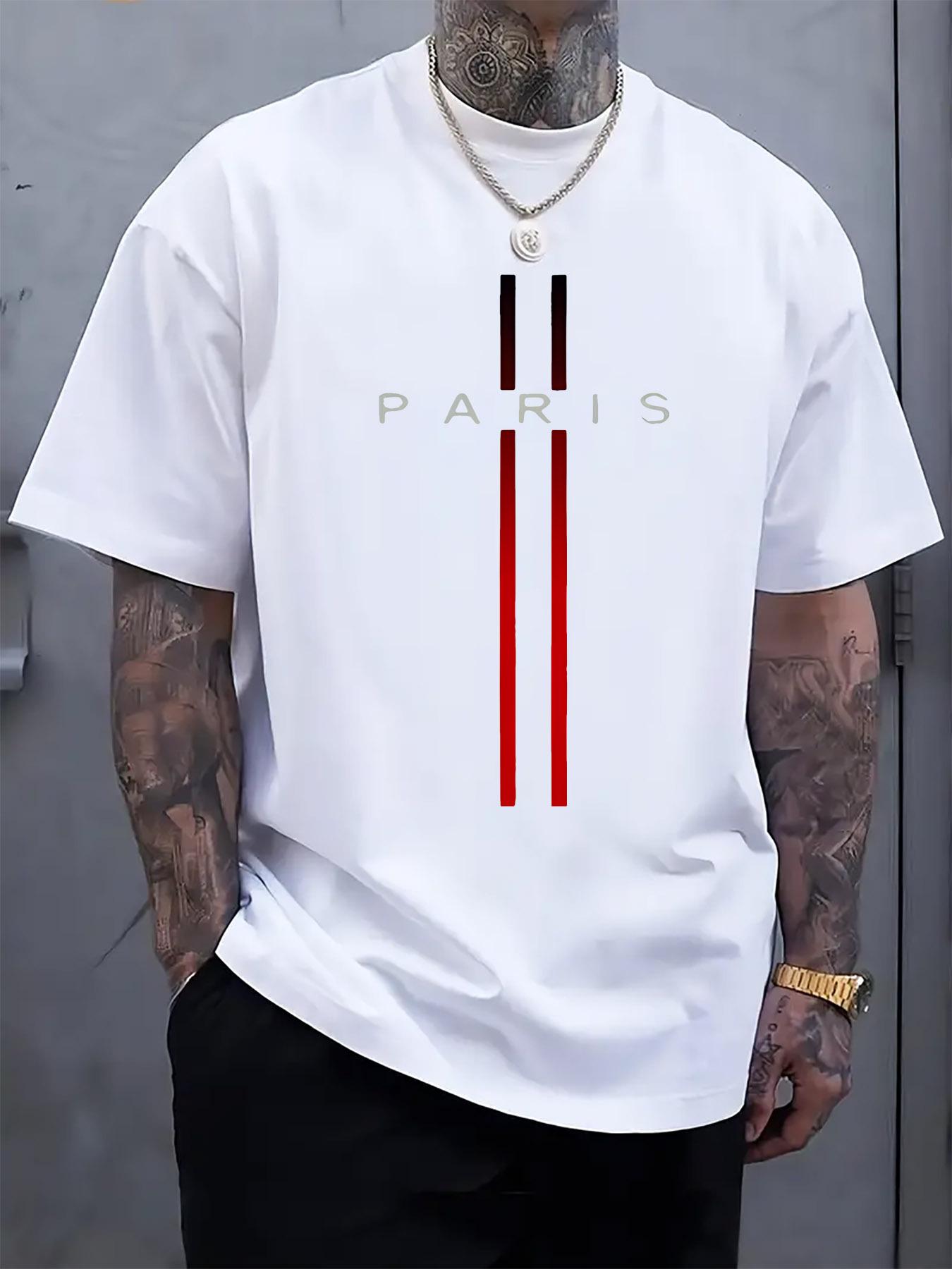 Paris-Themed Graphic Tee - Black Casual Crew Neck Short Sleeve T-shirt with Red & White Print S