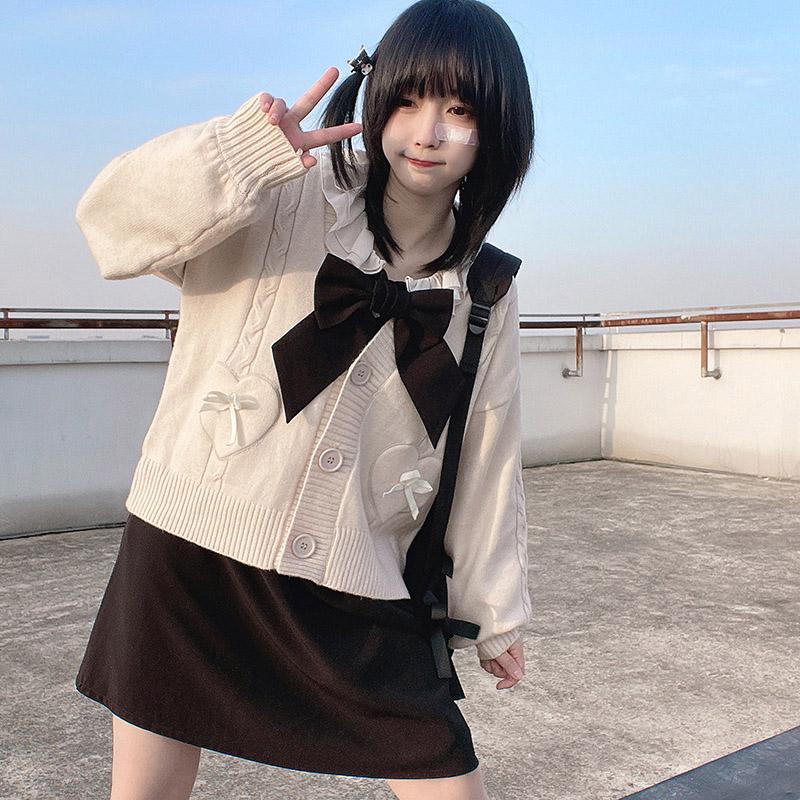 KOSY Kawaii Cardigan Jacket Spring Autumn Japan Fashion Women Vintage Crop Knitted Sweater Cute Bow Korean JK School Coat