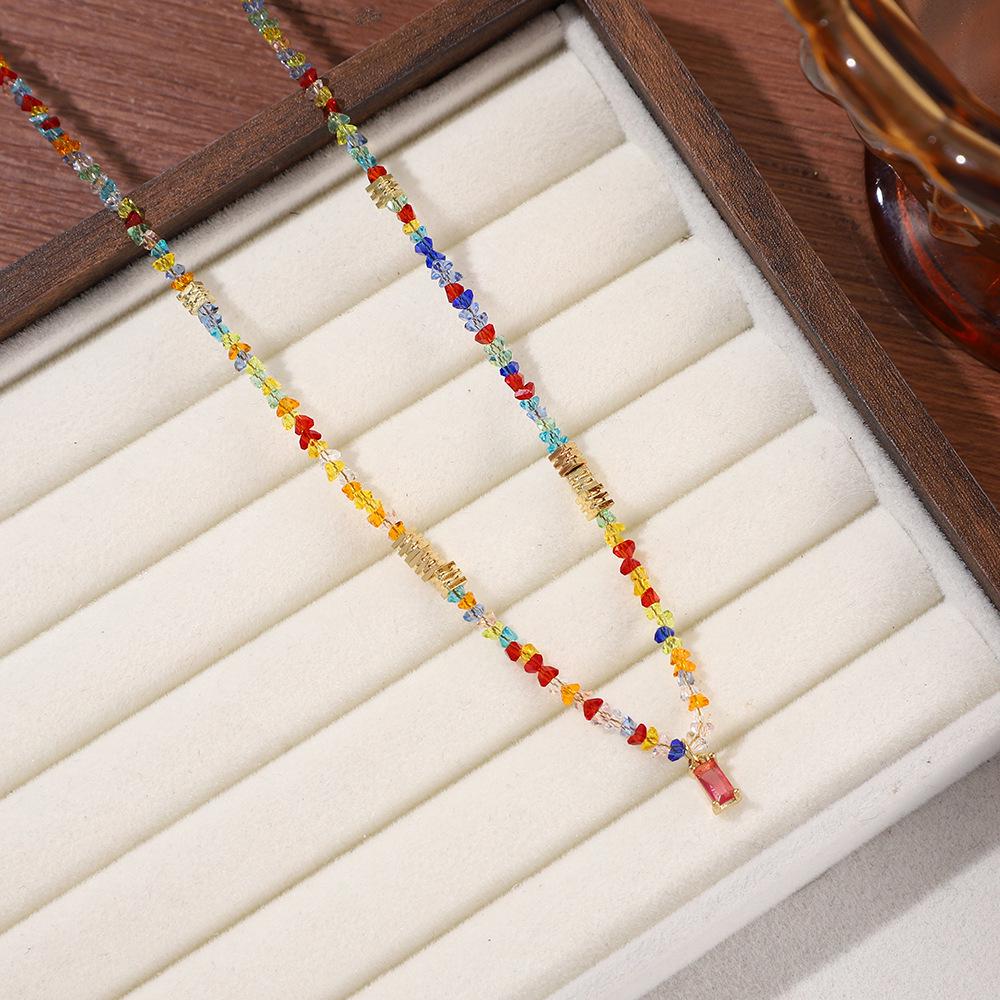 Colorful Retro Dopamine Rice Bead Necklace with Natural Stones and Thin Chain