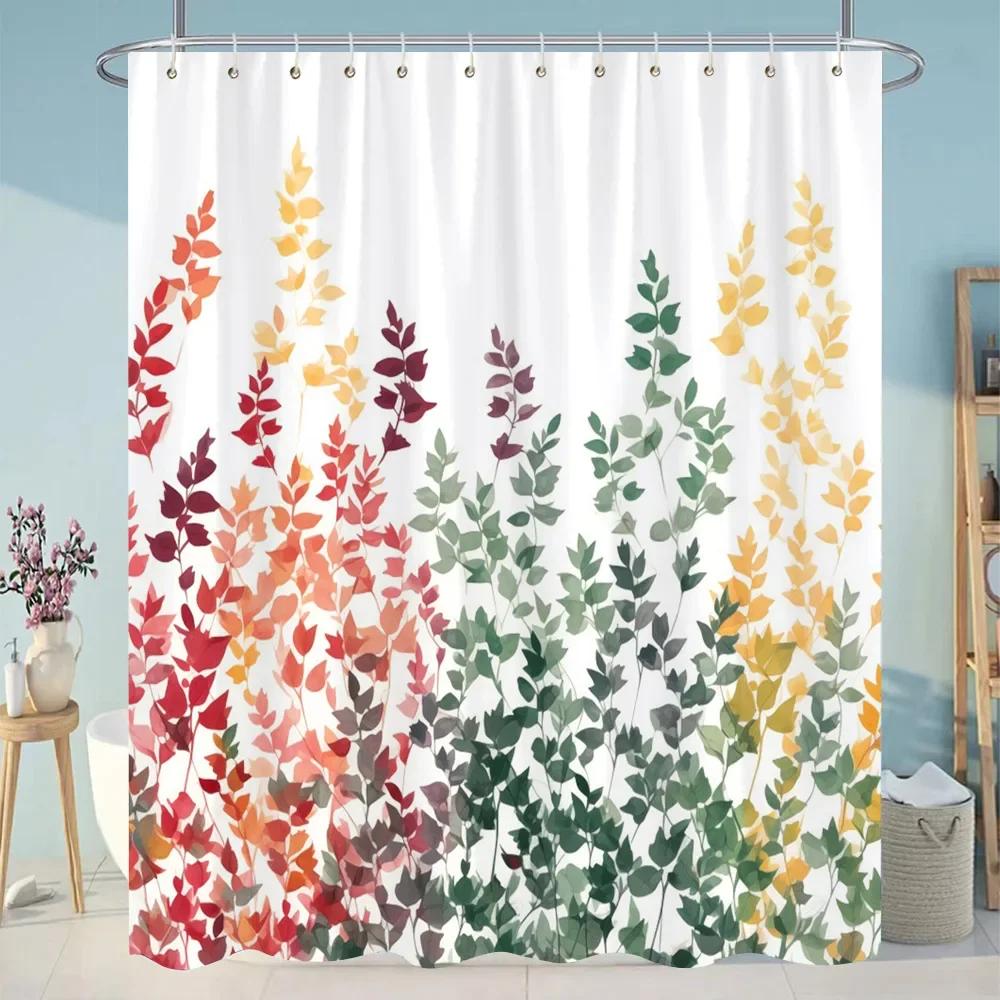 Botanical Flower Shower Curtain Colourful Flowers Green Leaves Watercolour Art Creative Polyester Shower Curtains Bathroom Decor